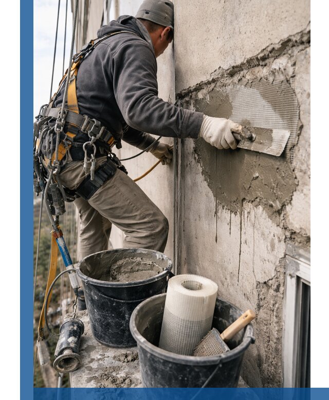 Ремонт бетонных элементов фасада промышленными альпинистами в Батайске