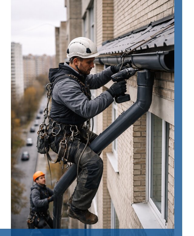 Монтаж водосточной системы на здании в Батайске от 5061 р. | ВЫСОТНИК-Бтс