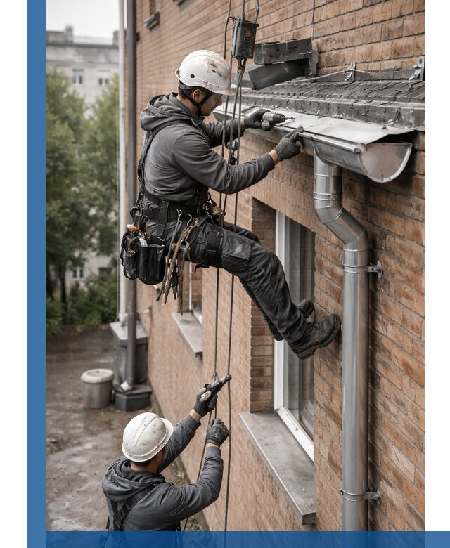 Монтаж водосточной системы на здании в Батайске под ключ