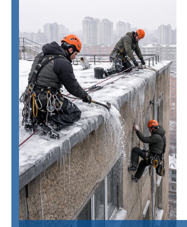 Удаление наледи с кровли в Батайске промышленными альпинистами