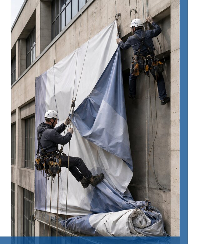 Демонтаж баннеров с фасада в Батайске от 4554 р. | ВЫСОТНИК-Бтс