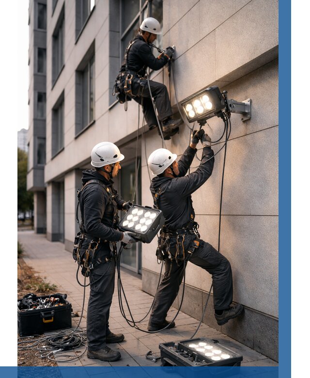Монтаж прожекторов на фасаде в Батайске от 7591 р. | ВЫСОТНИК-Бтс