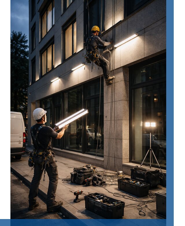 Монтаж архитектурной подсветки здания в Батайске от 2530 р.|ВЫСОТНИК-Бтс