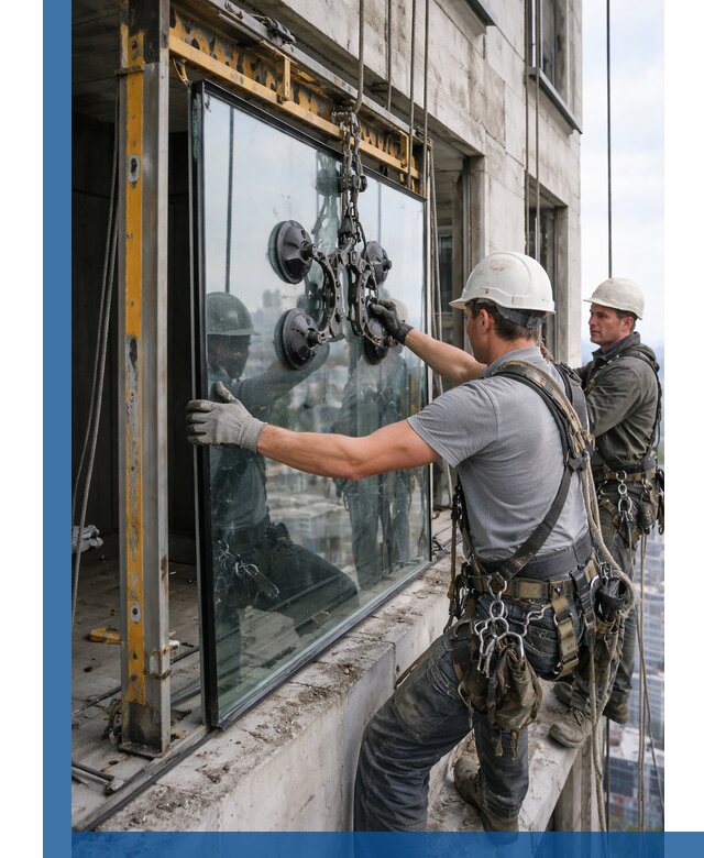 Монтаж стеклопакетов на высоте в Батайске с промышленным альпинизмом