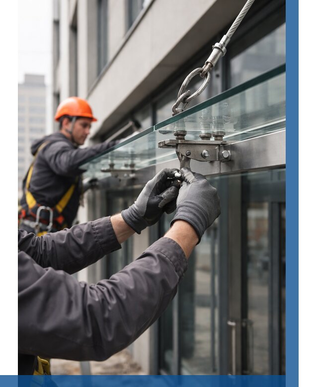 Монтаж стеклянных козырьков в Батайске от 8603 р. | ВЫСОТНИК-Бтс