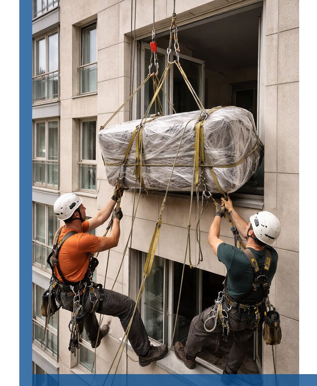 Подъем грузов через окно в Батайске промышленными альпинистами